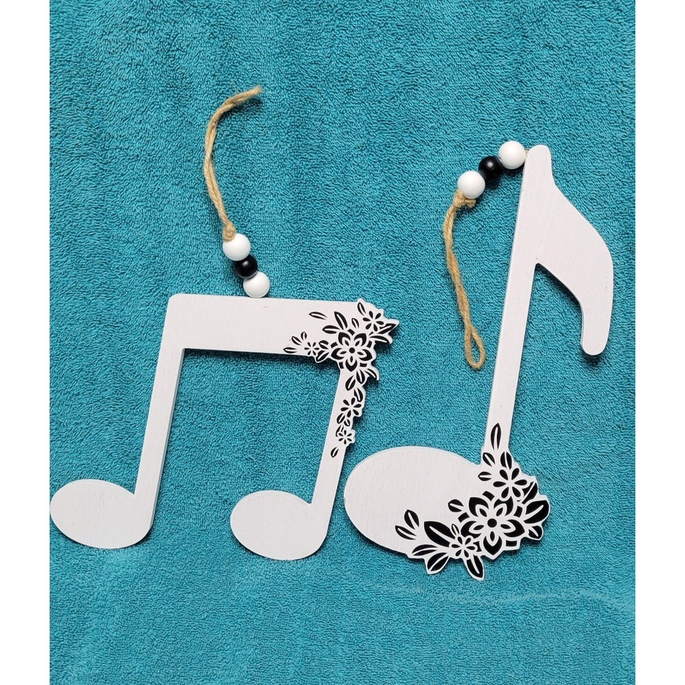 Music Lovers Note Wall Decor Set Floral Accents Jute Hanger 2 Piece White wood